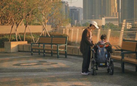 公園偶遇女士推老人散步光影凝聚關懷暖意情